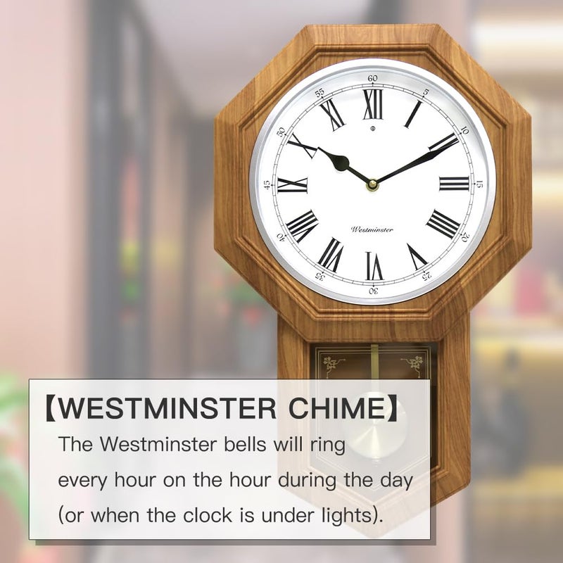 BESTIME 66236A Plastic Pendulum Clock Wood Grain Color.Sturdy Frame.Westminster Chime Every Hour,Elegant,Traditional Schoolhouse,Home,Office,Living Room,Bedroom. - Image 4